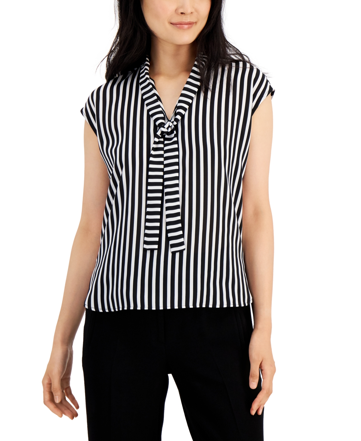 Women's Striped Tie-Neck Top, Created for Macy's - Black/lily White