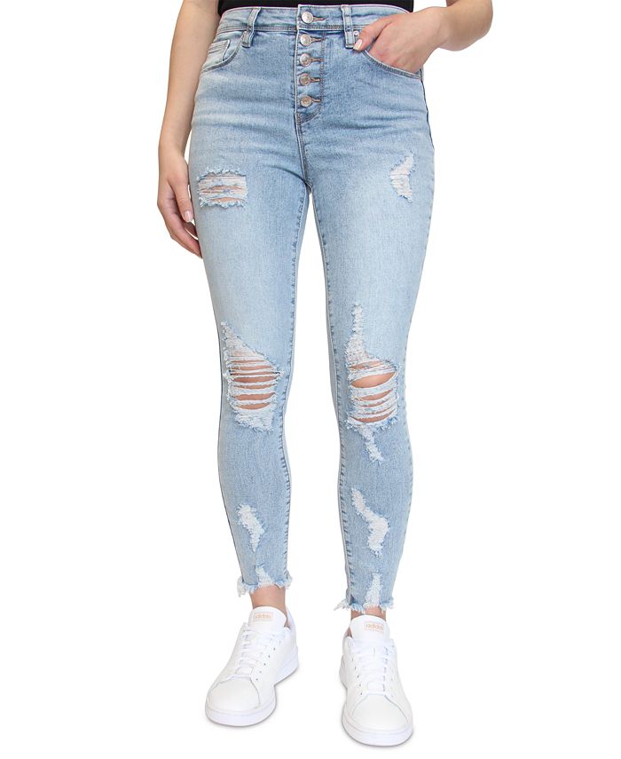 Almost Famous Juniors' Distressed Button-Fly Skinny Jeans - Macy's