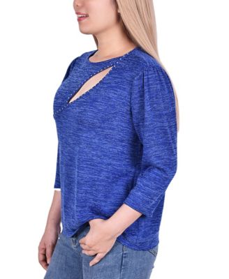 Women's 3/4 Sleeve Cutout Neck Top with Studs