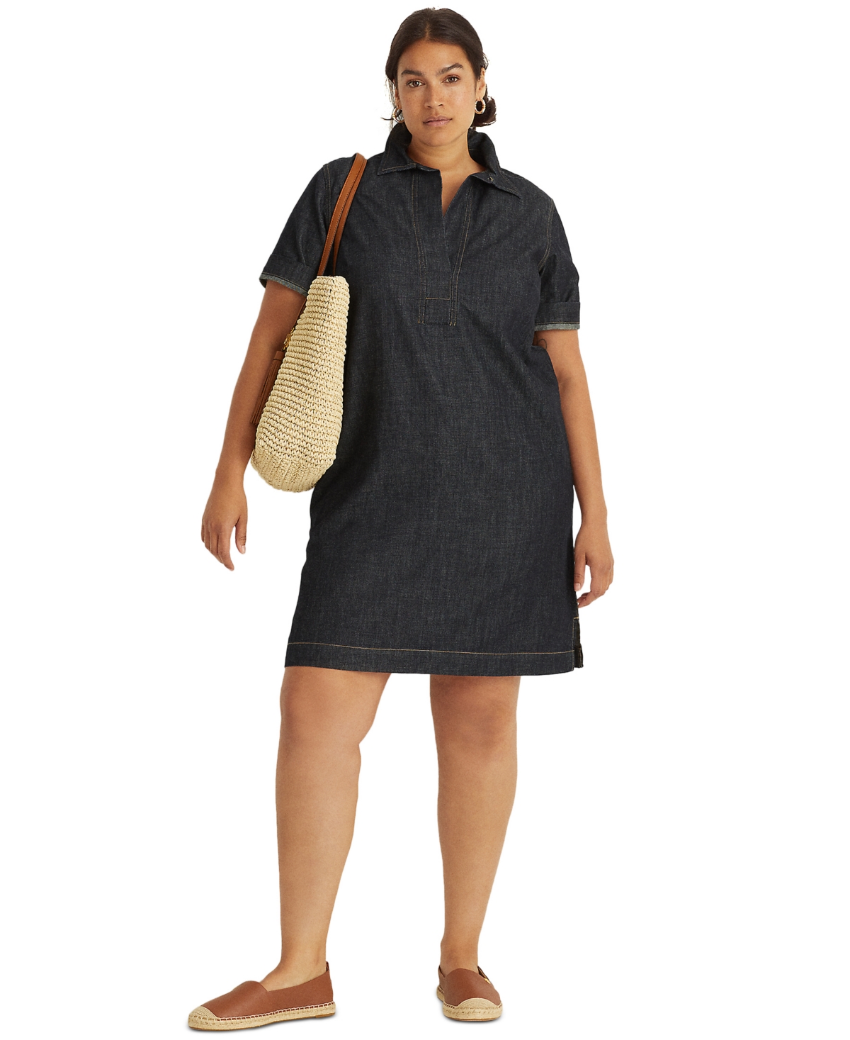 Lauren Ralph Lauren Women's Plus Size Short-sleeve Denim Cotton Shift Dress In Nightfall