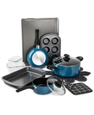 Photo 1 of Brooklyn Steel Co. Venus Nonstick Aluminum 16-Pc. Cookware Set
Set includes:
8" fry pan
1.5-qt. saucepan with lid
5-qt. Dutch oven with lid
8" x 8" pot holder
15" cookie sheet
9" x 13" cake pan
6-cup muffin tin
Three felt cookware protectors
17-oz. snap c