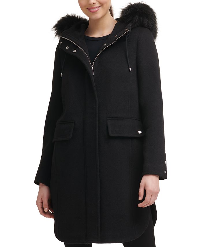 Calvin Klein Women's Faux-Fur-Trim Hooded Walker Coat & Reviews - Coats ...