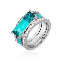 Silver-tone And Blue Ombre And Crystal Set Of 3 Band Rings