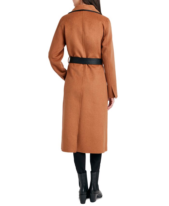 Tahari Women's Faux-Leather-Trim Belted Wrap Coat, Created for Macy's ...