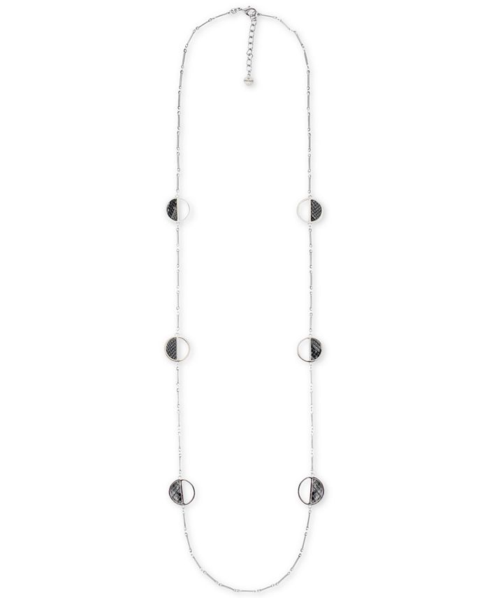 Alfani Silver Tone Faux Leather Inlay Hoop Long Station Necklace