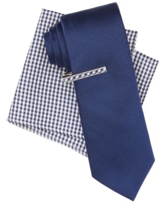 Tommy Hilfiger - Men's Solid Tie, Gingham Tie Bar & Gingham Pocket Square Set