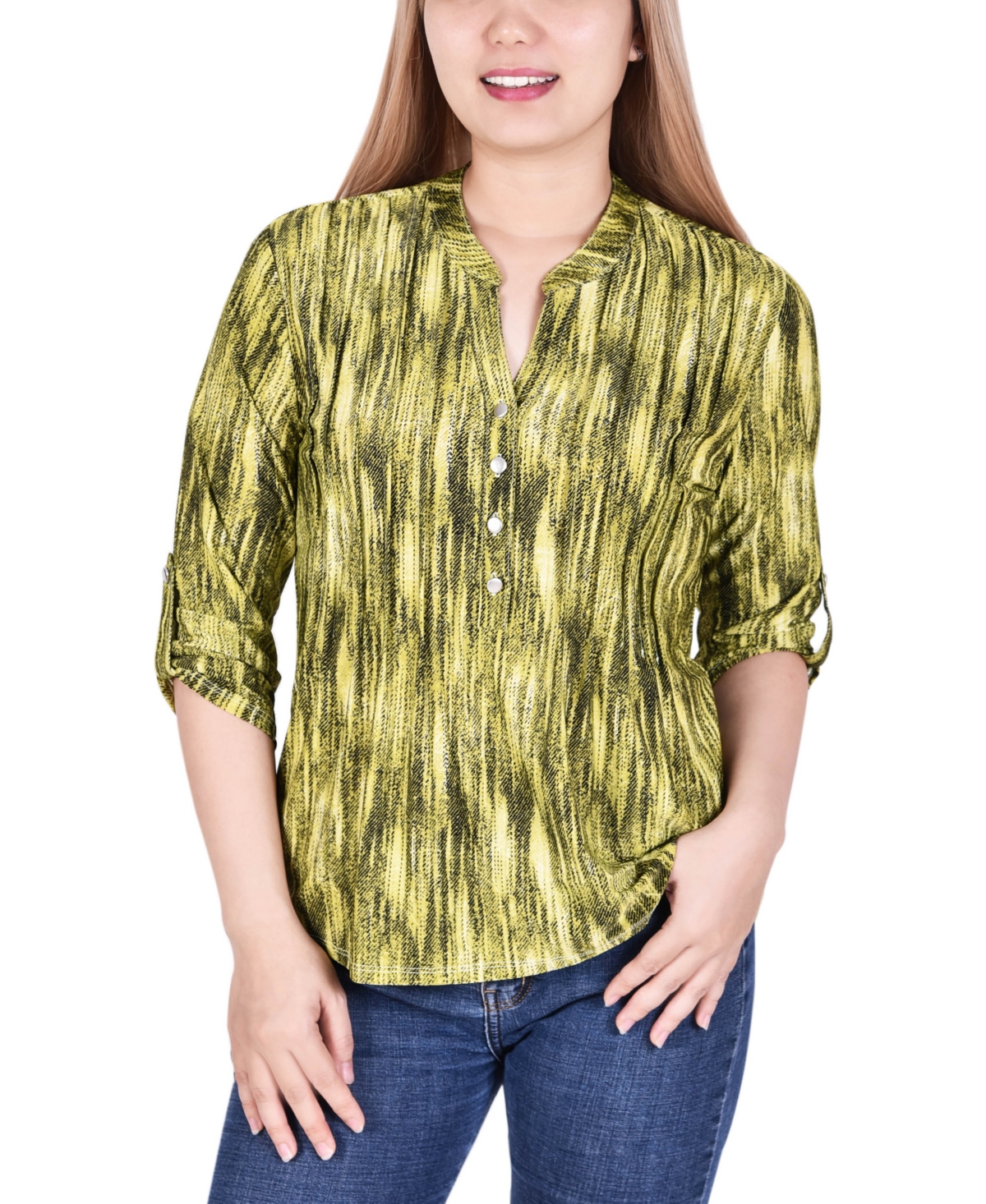 Petite 3/4 Roll Tab Sleeve Y-Neck Top - Taupe Milaflor