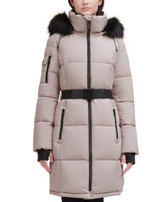 dkny belted faux fur trim puffer jacket