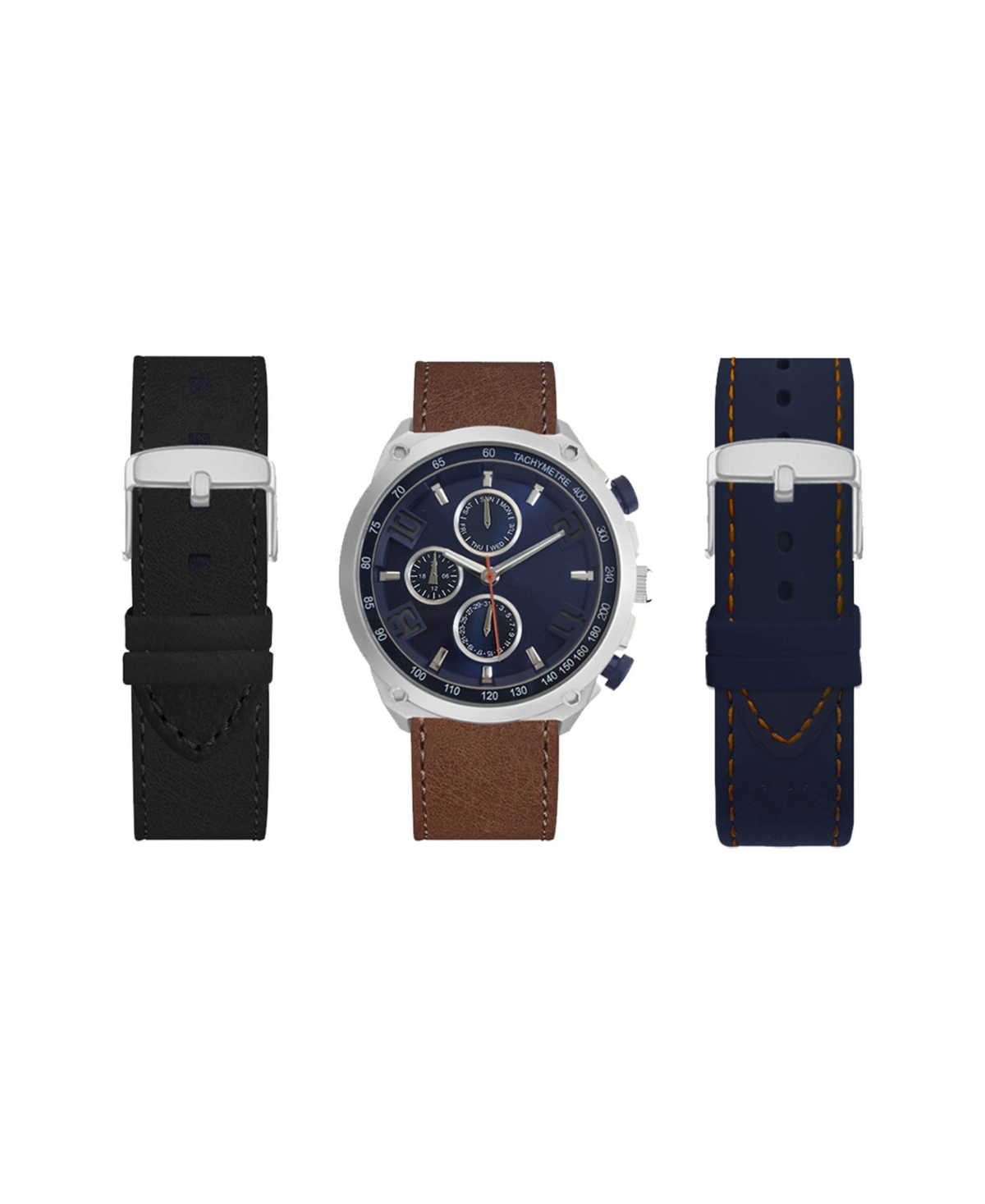 Men's Analog Black Strap Watch 47mm with Brown, Navy and Black Interchangeable Straps Set - Brown, Navy, Black