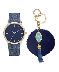 Women's Analog Blue Denim Strap Watch 36mm with Evil Eye Charm Key Chain Cubic Zirconia Gift Set