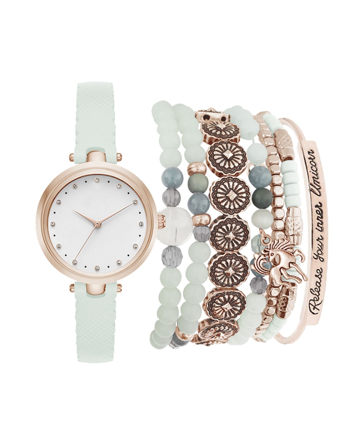 Jessica Carlyle Women's Analog Mint Strap Watch 28mm with Rose Gold-Tone Stackable Bracelets Set