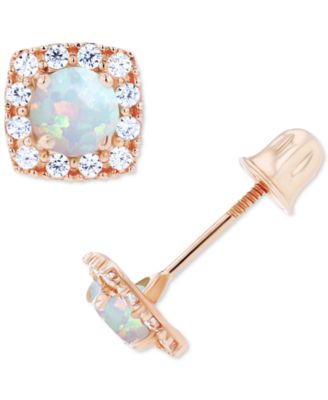 Lab-Grown Opal (1/5 ct. t.w.) & Lab-Grown White Sapphire (1/6 ct. t.w.) Cushion Halo Stud Earrings