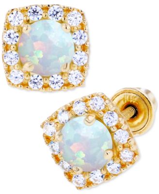 Lab-Grown Opal (1/5 ct. t.w.) & Lab-Grown White Sapphire (1/6 ct. t.w.) Cushion Halo Stud Earrings