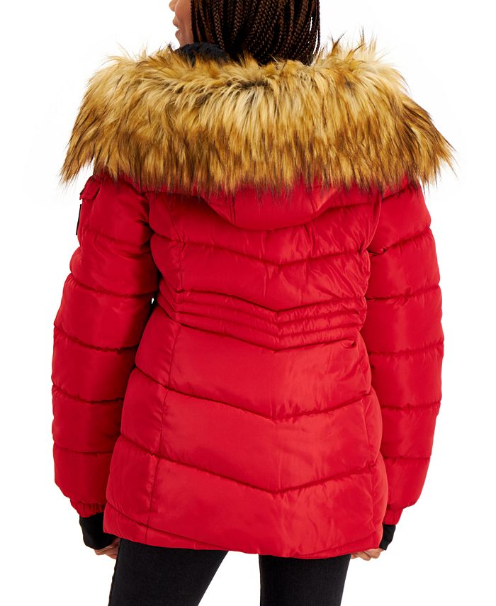 Steve Madden Juniors' Faux-Fur-Trim Hooded Puffer Coat, Created for ...
