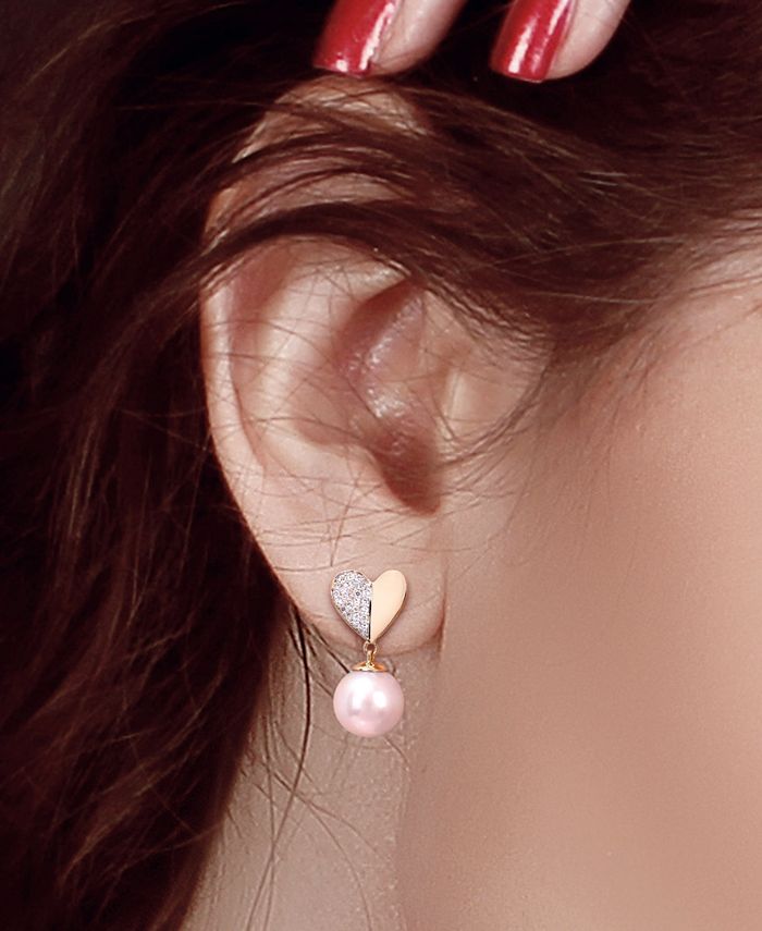 Macy's - Cultured Freshwater Pearl (8-1/2mm) & Diamond (1/6 ct. t.w.) Heart Drop Earrings in 14k Gold