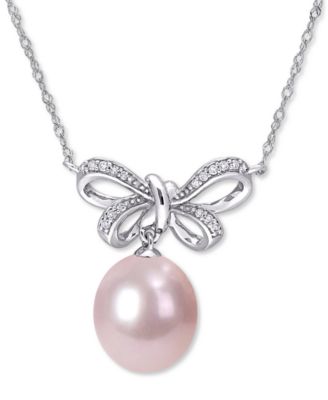 Black Cultured Tahitian Pearl (9-1/2-10mm) & Diamond (1/10 ct. t.w.) Bow 17" Pendant Necklace in 10k White Gold (Also in Pink Cultured Freshwater Pearl & White South Sea Cultured Pearl)