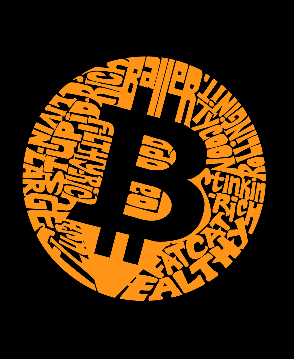 La Pop Art Men's Bitcoin Raglan Word Art T-shirt - Black and White