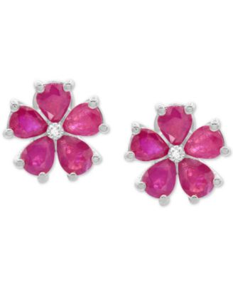 Lab-Grown Ruby (3-1/8 ct. t.w.) & Diamond Accent Flower Stud Earrings in Sterling Silver