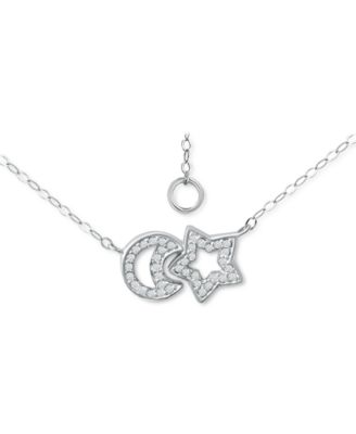 Cubic Zirconia Moon & Star Pendant Necklace, 16" + 2" extender