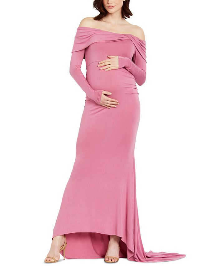 Cream and Pink Floral Off the Shoulder Maxi Maternity Dress