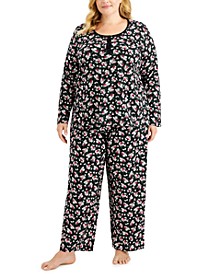 Plus Size Printed Cotton Henley Pajama Set, Created for Macy's