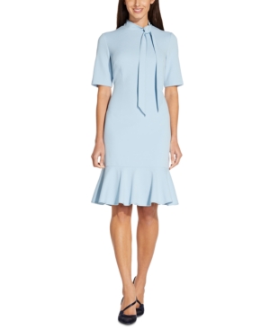 Adrianna Papell Crepe Bow-neck Dress In Dusty Blue