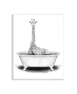 Giraffe in a Tub Funny Animal Bathroom Drawing Wall Plaque Art, 13" x 19"