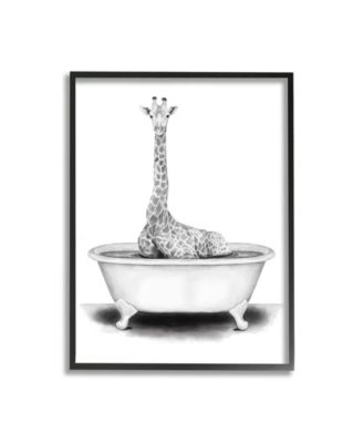 Giraffe in a Tub Funny Animal Bathroom Drawing Framed Giclee Texturized Art, 11" x 14"