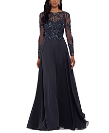 Women's Sequin Embellished Long Sleeve Chiffon Gown