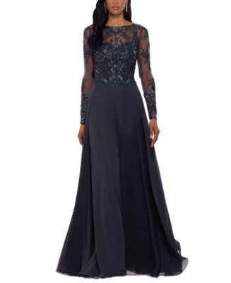 XSCAPE Women's Sequin Embellished Long Sleeve Chiffon Gown - Macy's