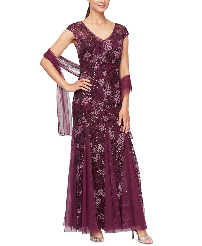Alex Evenings Petite Sequined Embroidered Gown & Shawl & Reviews ...