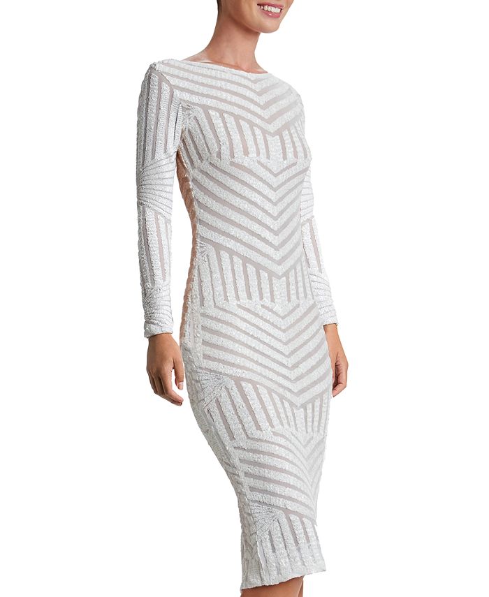 Dress The Population Women's Raquel Bodycon Midi Dress - Silky Stretch Knit, Plunge Neck, Side Ruching