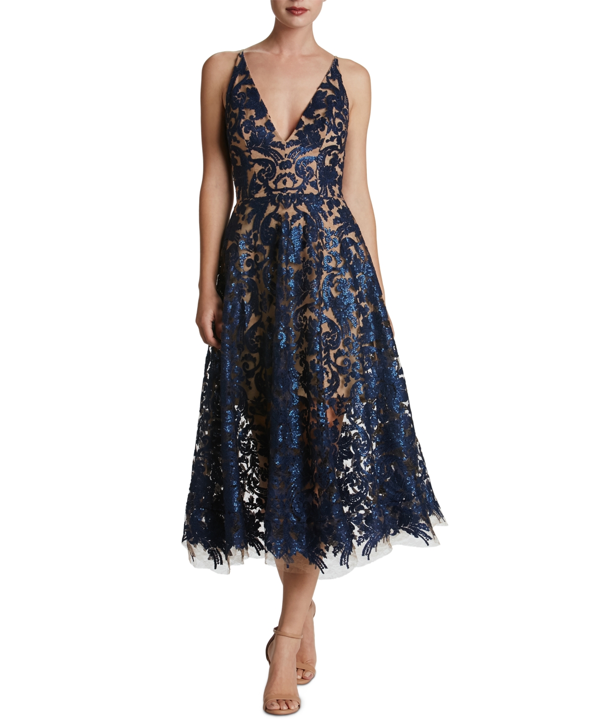 Dress The Population Blair Lace Midi Dress In Navy,nude