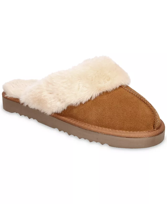 A tan slipper with faux fur lining and trim