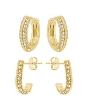 Essentials Cubic Zirconia Huggie Hoop And J Hoop Duo Set, Gold Plate And Silver Plate In Gold-tone
