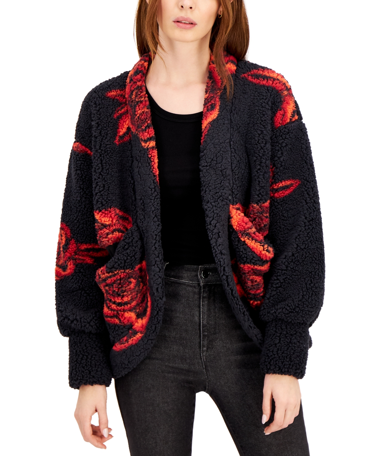 Willow Drive Fuzzy Printed Open Front Cardigan In Tossed Roses Modesens