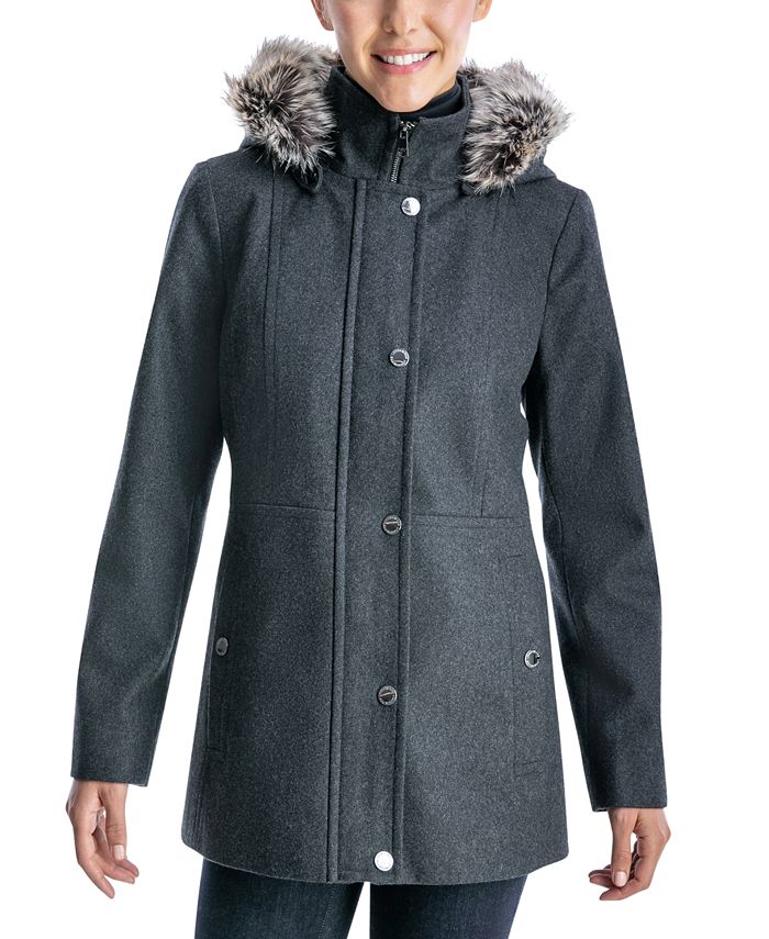 Faux Fur Trimmed Hooded Walker Coat, London Fog Plus Size Coat Chart