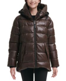 Faux-Leather Hooded Puffer Coat