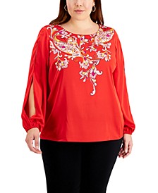 Plus Size Printed Slit-Sleeve Blouse, Created for Macy's