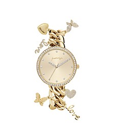 Women's Gold-Tone "Love" Butterflies and Hearts Charms Analog Metal Bracelet Watch