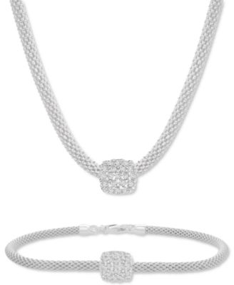Macy's Cubic Zirconia Square Charm Mesh Link Pendant Necklace Matching Bracelet Collection In Sterling Silver
