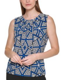 Geometric Print Pleat Neck Sleeveless Top