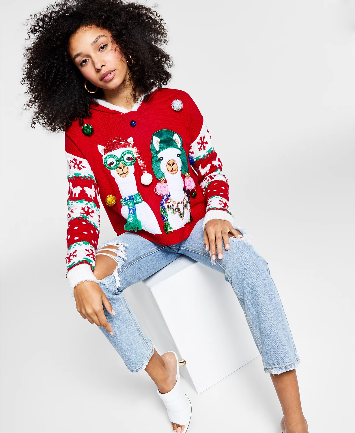 macys.com | Juniors' Llama Christmas Knit Hoodie