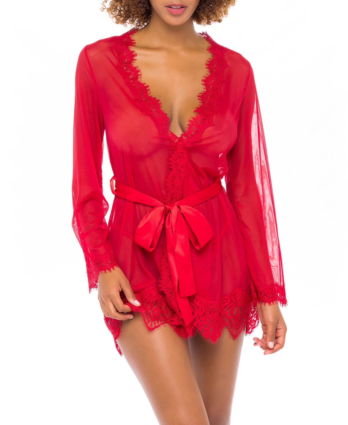 Eyelash Lace Robe with Satin Sash & Thong 2pc Lingerie Set - Red