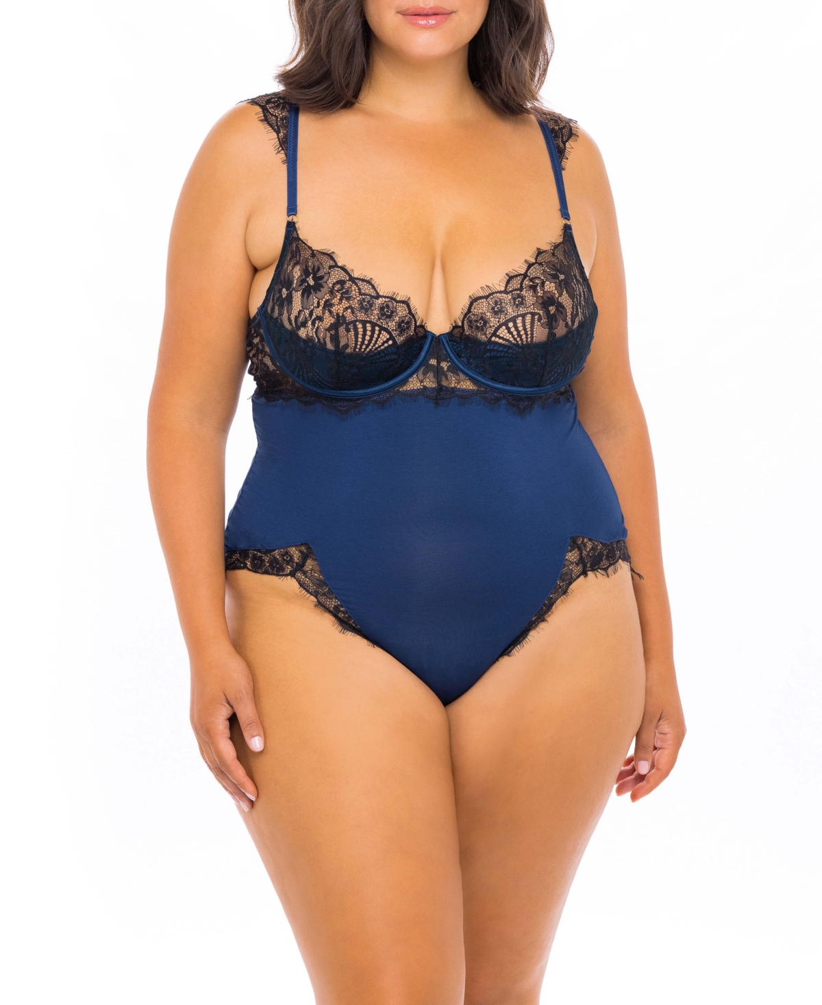Plus Size Viscose Jersey and Eyelash Lace Molded Shelf Cup Lingerie Teddy with Front and Back High Leg Slits and Eyelash Lace Trimming - Estate Blue,