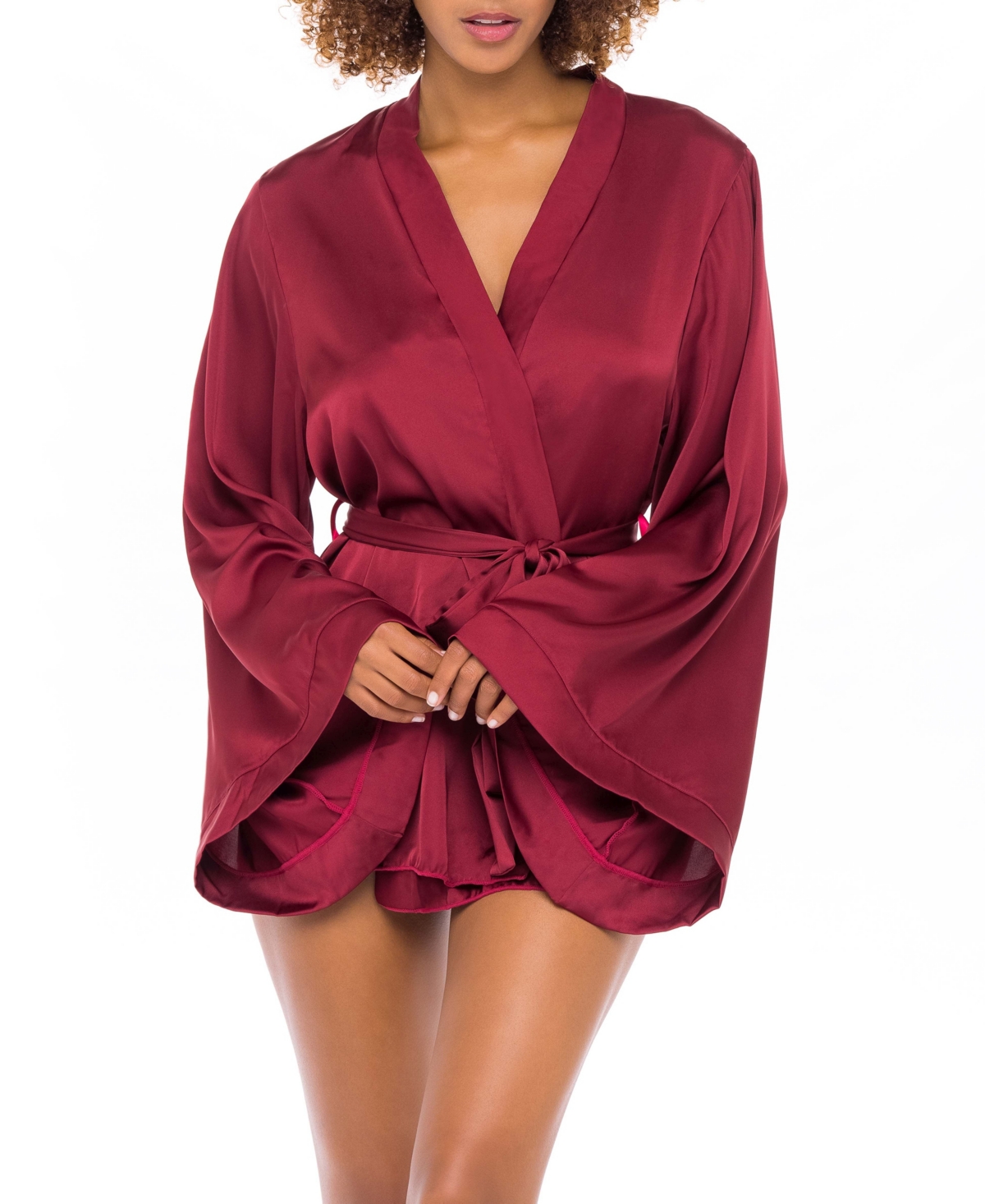 Women's Short Polyester Charmeuse Lingerie Robe with Wide Sleeves and A Tie Belt - Rhubarb