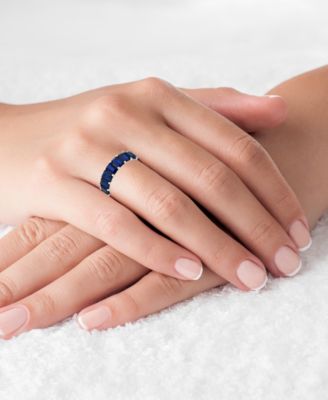 Lab Grown Blue Spinel Emerald Cut Eternity Band in Rhodium Plated Sterling Silver