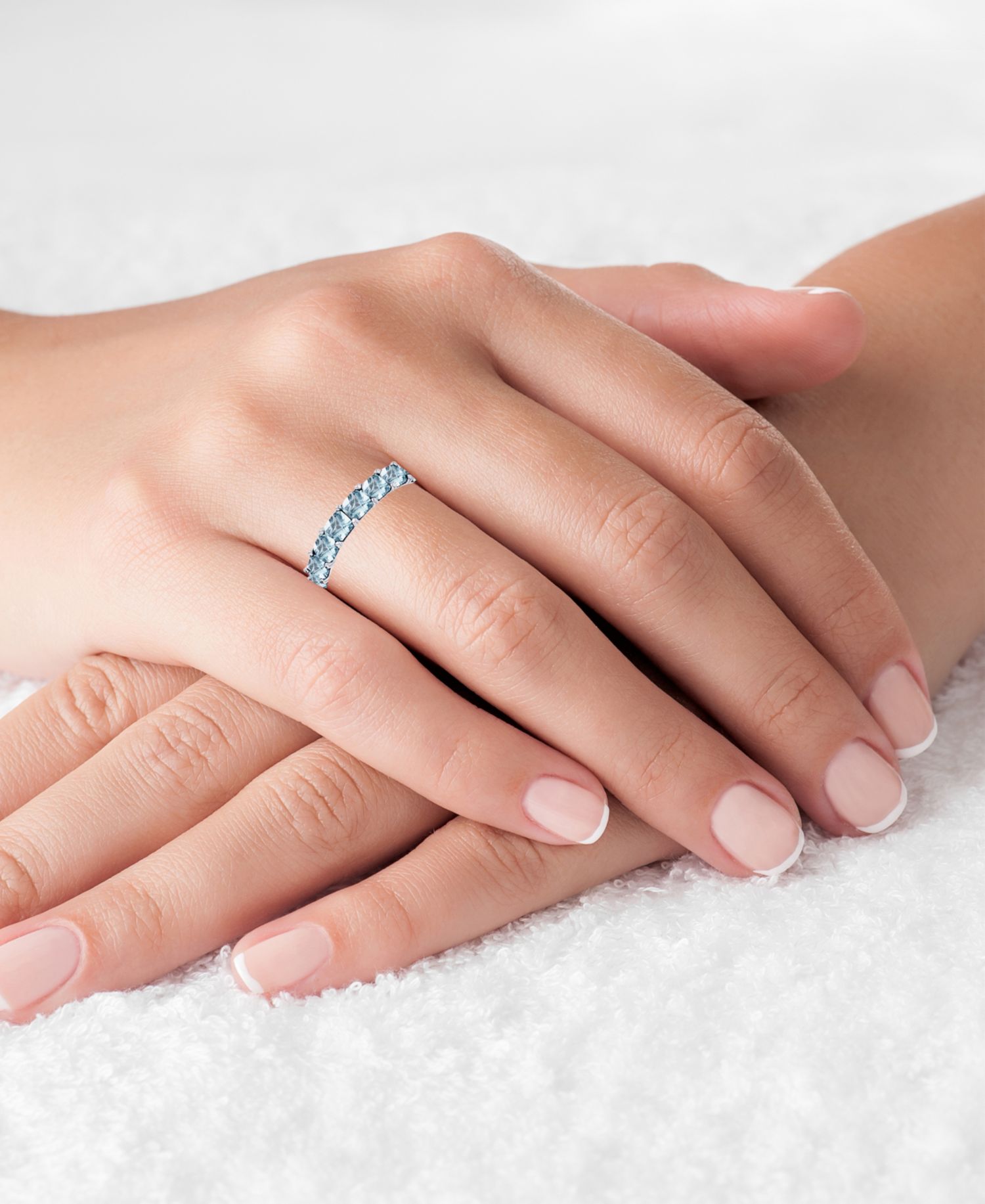 Lab Grown Light Blue Spinel Princess Cut Eternity Band in Rhodium Plated Sterling Silver