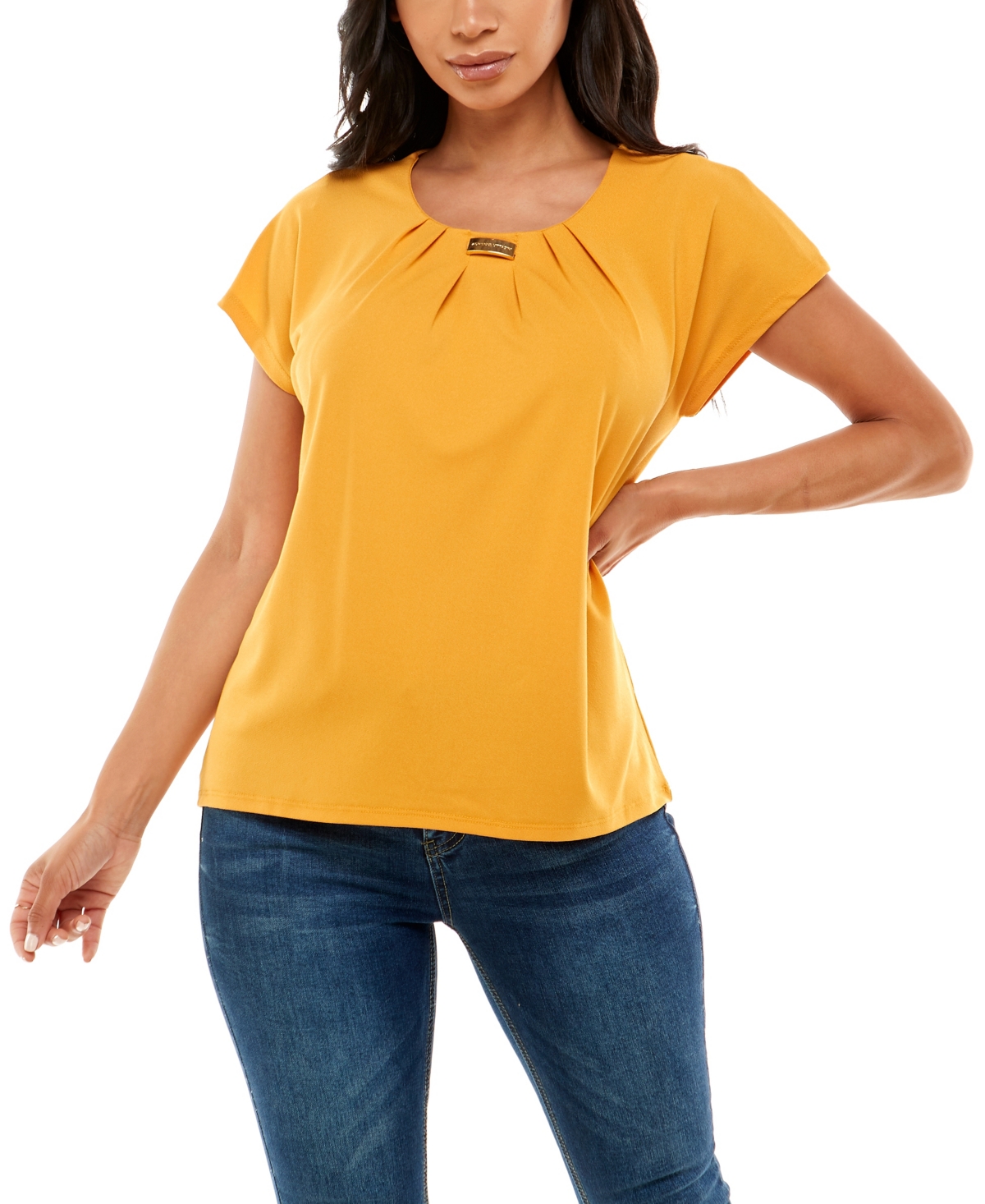 Women's Dolman Sleeve Top with Curved Bar - Golden Tone Glow