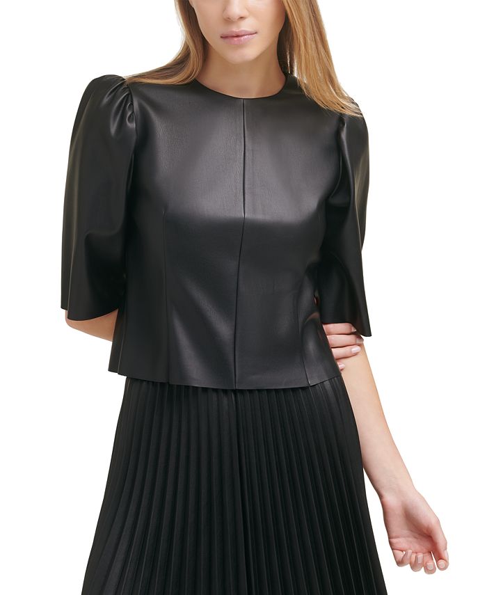 DKNY Faux Leather Puff Sleeve Top Macy's